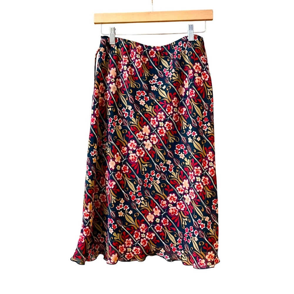 Floral Midi Skirt Red Pink Lettuce Hem Valentines Day 90s Romantic - Size 4